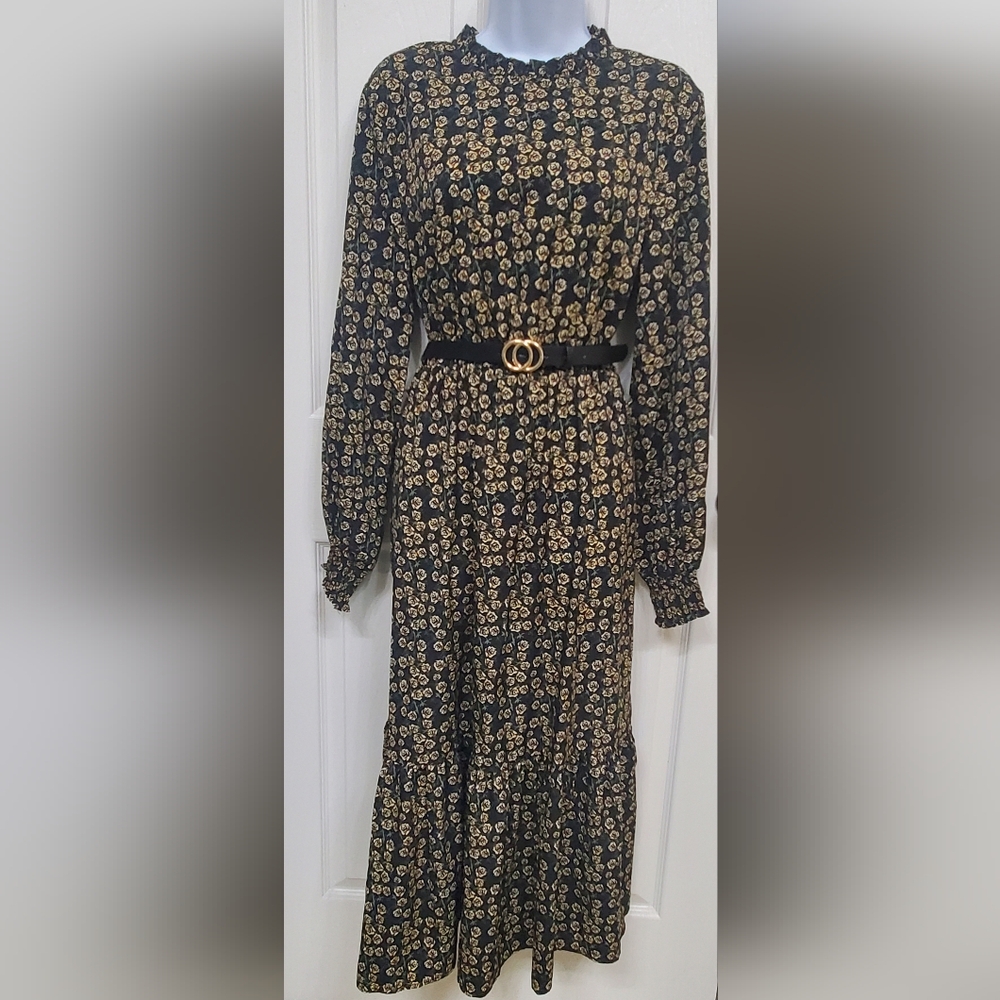 SHEIN Black and Gold Floral Long Sleeve Dress